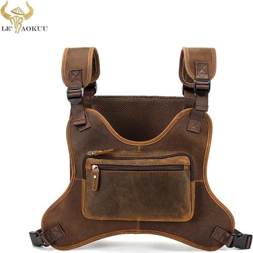 Crazy Horse Leather Vintage Streetwear Men Hip-Hop Chest Bag Two Straps Chest Rig Bag Fashion Rectangle Chest Utility Pack 291