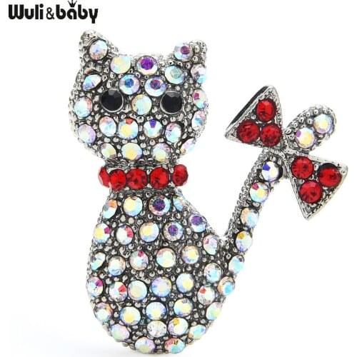 Wuli&baby Lovely Rhinestone Cat Brooches Women Unisex 2-color Bowknot Cat Animal Pets Casual Party Brooch Pins Gifts