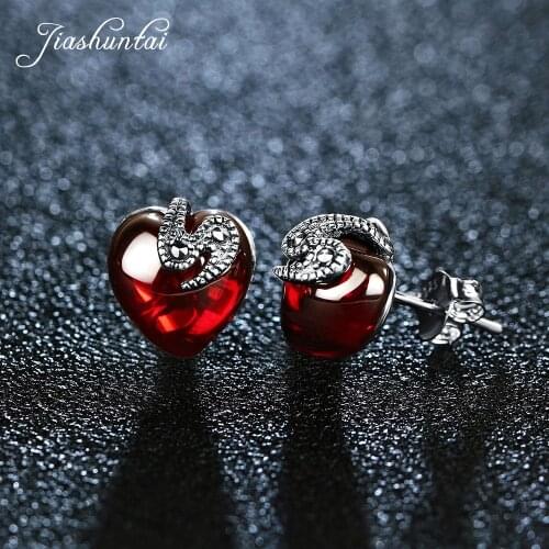 JIASHUNTAI Retro 100% 925 Sterling Silver Earrings For Women Vintage Garnet Gemstone Stud Earrings Jewelry Female