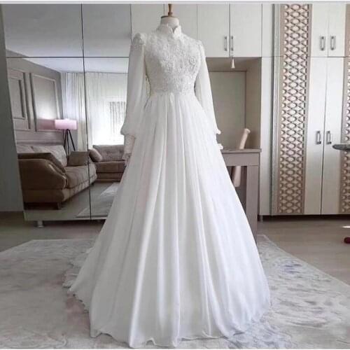 White Long Sleeves Muslim Wedding Dresses 2021 for Bride Real Photo Lace Chiffon A-Line Vestidos De Novia Maldives Bridal Gowns