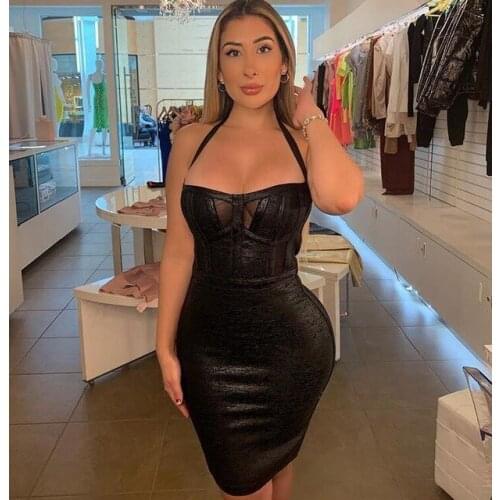 Free Shipping Summer Sexy Halter Backless Black Bronzing Women Bodycon Bandage Dress 2021 Designer Fashion Party Dress Vestido