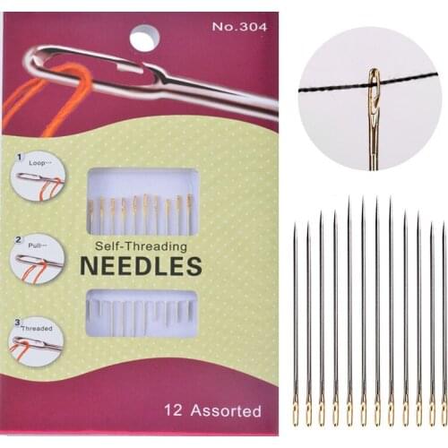12pcs/set Stainless Steel Sewing Needles Assorted Size Self Threading Hand Sewing Needles Easy Thread Large Eye