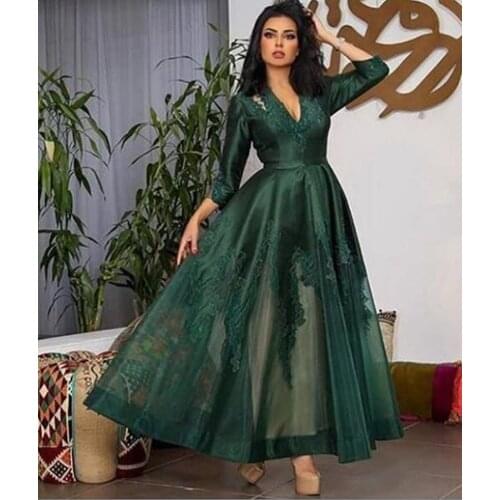 2020 Arabic Emerald Green Lace Evening Dresses Full Sleeves Appliques Ankle Length Elegant Prom Gowns Party Dress