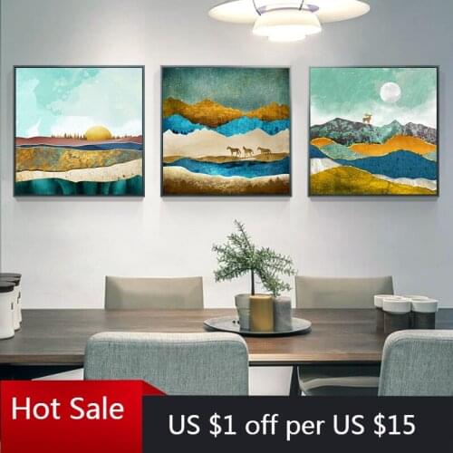 Abstract Sunrise Gold Mountain Elk Horse Modern Print Picture Posters And Prints Wall Art Canvas Poster Decoration Home Painting