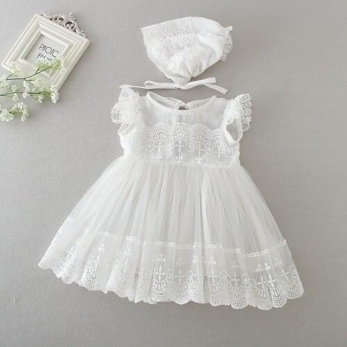 Girls White Lace Dresses Summer Backless Elegant Weddding Party Princess Dress Children Birthday Clothes with Hat 0-2Y
