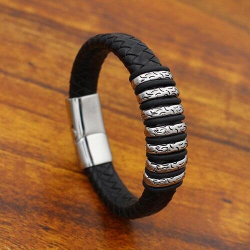 Men Jewelry Retro Genuine Leather Bracelet Stainless steel Bead Bracelets with Magnet Clasp 12MM Wide Braided