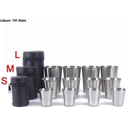 4Pcs/Set 30ml/70ml/170ml Travel Cups Set Stainless Steel Cover Mug Camping Cup Mug Drinking Coffee Tea Beer With Case Tableware