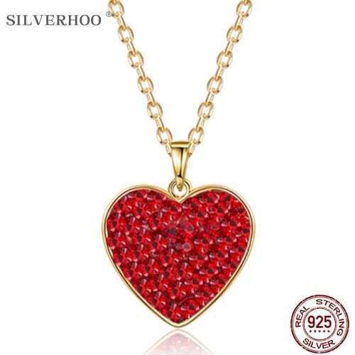 SILVERHOO 925 Sterling Silver Gold Necklace For Women Red Austria Crystal Heart Pendant Necklaces Female Engagement Fine Jewelry