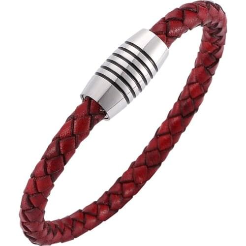 Trendy Men Jewelry Red Braided Leather Rope Bracelet Handmade Stainless Steel Magnet Clasp Vintage Leather Bangle Gift SP0247