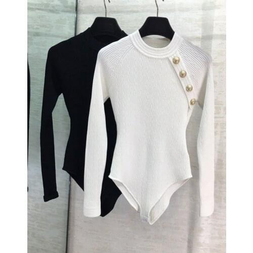 European Fashion Sexy 1.8 O-neck Long sleeve Shoulder Button Decoration Elastic Jumpsuits Bodysuits