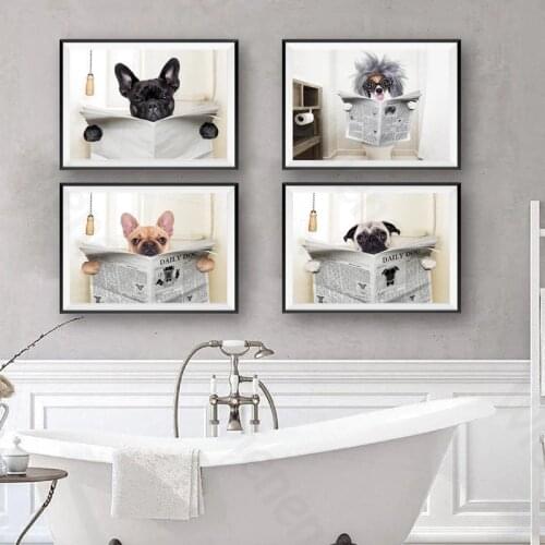 Toilet Creative Wall Art Canvas Poster Dog Reading Newspaper HD Print Funny Dog Painting Wall Picture Wall Decor Bathroom Family