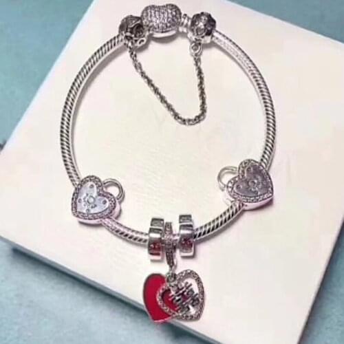 NEW 100% 925 Sterling Silver Love Heart Clip 6 Charm Bead Bracelet Set Planet of Charm Astronaut Night Blue Love Charm