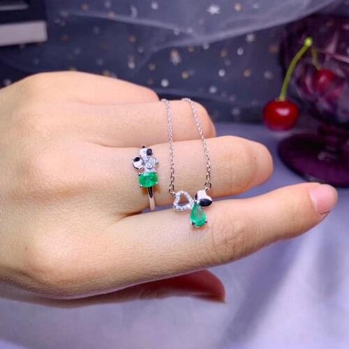 Attractive necklace heart teardrop shape green Emerald gemstone ring and necklace jewelry set 925 silver ring gold plated gift