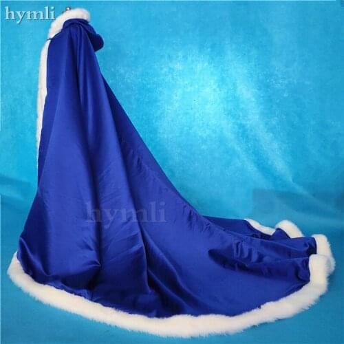 Real Photos Big 225cm Long Royal Blue Wedding Dress Ball Gown Cloak Satin with Faux Fur Trim Cape