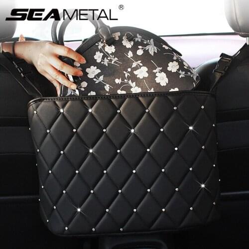Luxury Leather Car Seat Back Organizers Pocket Bling Bling Car Handbag Holder For Girl Women Seat Storage Bag Child/Dog Barrier