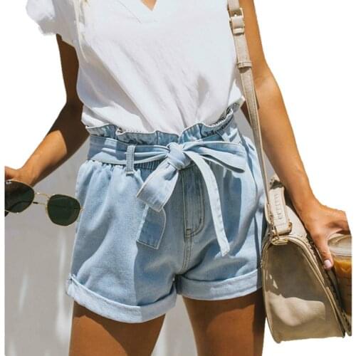 Vintage High Waist Harem Ruffle Short Jeans Women Summer Lightblue Denim Shorts with Belt Streetwear Jean Shorts Womens Bottoms