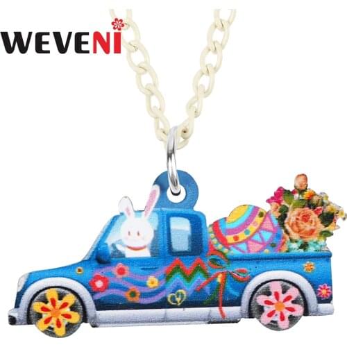 WEVENI Acrylic Blue Easter Eggs Cartoon Rabbit Bunny Car Necklace Pendant Long Fashion Charm Chain Jewelry Gifts For Women Girls