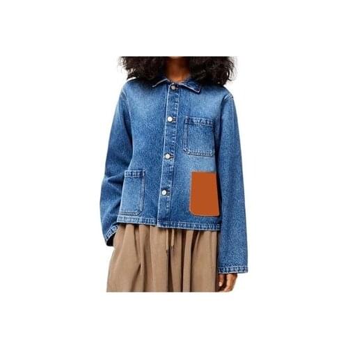 112747 New Autumn Winter Women Fashion Brand Luxury Front Brown Leather Pocket Design Classic Denim Blue Lapel Jacket Coat L1