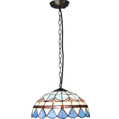 12" Retro Tiffany Pendant Lamp E26/E27 Bulb European Blue&White Stained Glass Restaurant Living Room Hanging Light Fixture PL714