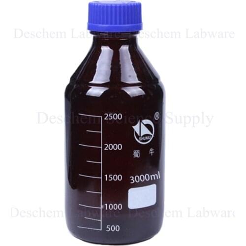 3000ml,Amber Brown Glass Reagent Bottle W/Blue Plastic Cap,Graduation 2500ml
