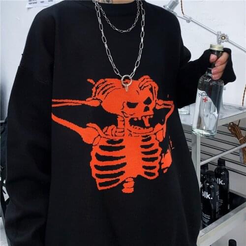 Unisex Harajuku Sweater Autumn Women Punk Gothic Sweater Skull Pattern Oversized Loose Jumper Casual Sweater Chic Streetwear