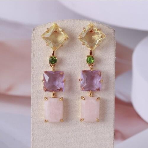 European and American fashion jewelry wholesale geometric square inlaid color translucent crystal earrings women