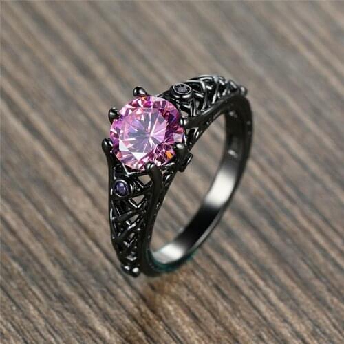 Cute Female Small Pink Round Ring Vintage Black Gold Wedding Rings For Women Unqiue Style Promise Love Engagement Ring