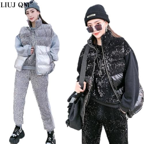 Sequined Three Piece Suit 2020 New Suit Women Loose Waistcoat Cotton Jacket Western Style Sweater Small Feet Carrot Pants Women