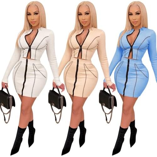 Zoctuo Long Sleeve Two Piece Set Autumn Winter Color Patchwork Sexy Women Set Outfits Fashion Zipper Top Mini Skirt Set Suit