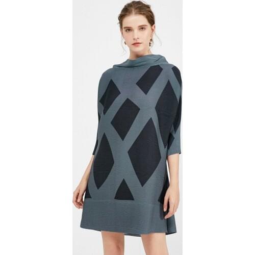 Miyake New Geometric Print Dress Spring 2020 Stand Collar Loose Large Size Pleated Dresses Female