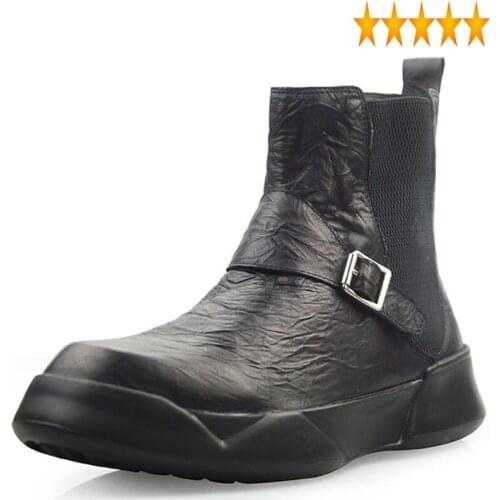Retro 100% Real Leather British Chelsea Men Autumn Winter Casual Slip On Ankle Boots Black High Top Platform Shoes 38-44