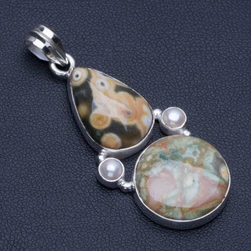 Natural Ocean Jasper and River Pearl Punk Style 925 Sterling Silver Pendant 2" R0194