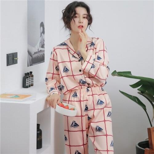 Spring Summer New Long-Sleeved Lapel Home-Style Suit Ice Silk Printed Pajamas Home Korean Edition Lounge Intimate Lingerie Пижам