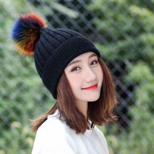 Mingjiebihuo Autumn and winter Scorpion fox fur ball wool hat female winter tide wild warm Korean knit hat fashion women girls