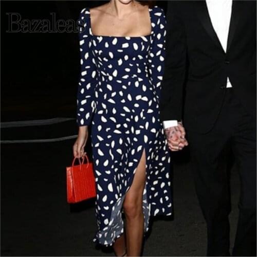 Bazaleas Vintage Navy Dot Print women midi dress square neckline Long sleeve women dress Fashion high Split vestido