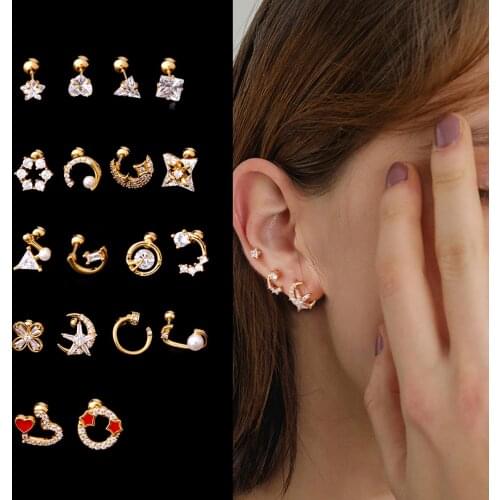 1Pc Stainless Steel Ear Piercing Earring Moon Heart Cz Cartilage Earring Helix Tragus Rook Lobe Screw Back Stud Earrings