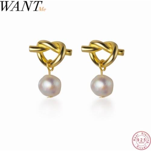 WANTME New Arrival Fashion Knotted Geometric Pearl Stud Earrings for Women Genuine 925 Sterling Silver Jewelry Accessories Gift