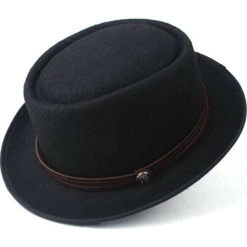 New Men Women Pork Pie Hat with Leather Belt Wide Brim Fedora Hat Outdoor Travel Casual fascinator Hat Size 58CM