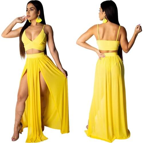 New 2 Pcs Set Women Sexy Deep V Short Sleeveless Sling Tops With High Waist Perspective Split Long Skirt Suit Spring Summer