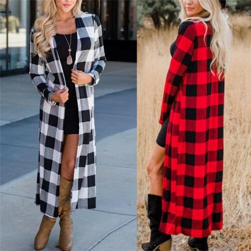 Hot Womens Trench Duster Full Length Maxi Sweater Open Front Long Sleeve Plaid Coat