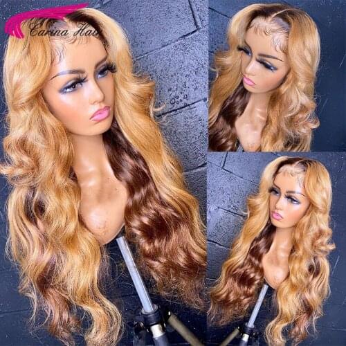 Ombre Blonde Colored Lace Front Human Hair Wigs 180% Brown Lace Front Wigs Brazilian Remy Hair Pre Plucked Wavy Human Hair Wig