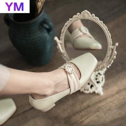 2021 Pearls Vintage Shallow Mouth Thick Heel Shoes Women New Square Toe with Buckle Strap Retro Zapatos De Mujer Plataforma