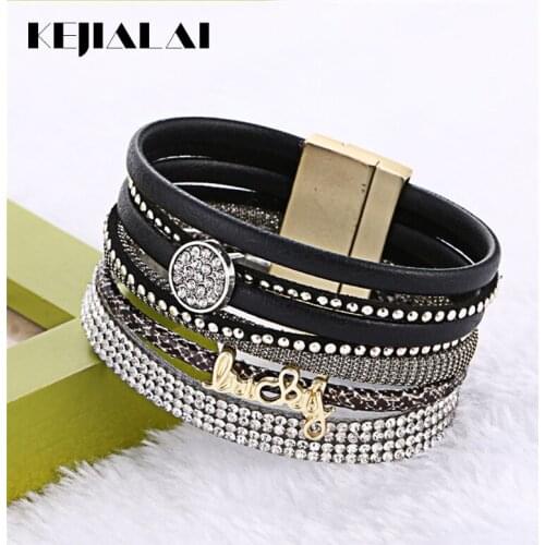 Wrap Bracelet for Women Long Leather Crystal Bracelet Multi - Layer Super Wide Fashion Letter Magnetic Bracelet KJL036