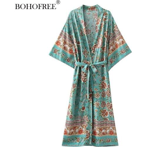 Summer New Floral Print Long Duster Rayon Cotton Maxi Hippie Vestidos Women Three Quarter Printed Dresses Cover Ups Vestidos