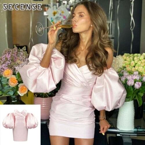 Womens Mini Dress Puff Sleeve Halter Sexy Strapless Slim Satin Dresses Short Bodycon Party Evening Club Outfits Fashion SECENSE