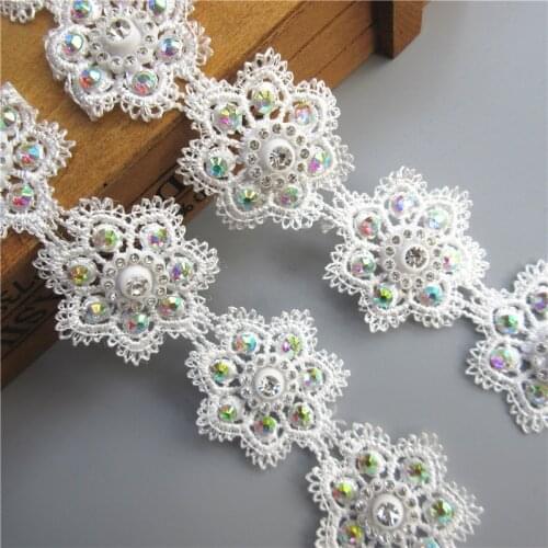 1 yard 4cm Wide Polyester Flower Rhinestones Embroidered Lace Trim Ribbon Sewing Supplies Craft For Apparel Costumes Decoration