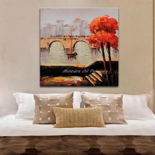 City Bridge Thick Textured 100% Hand Painted Modern Landscape Oil Painting On Canvas Wall Art Home Decoration Gift 50x50cm