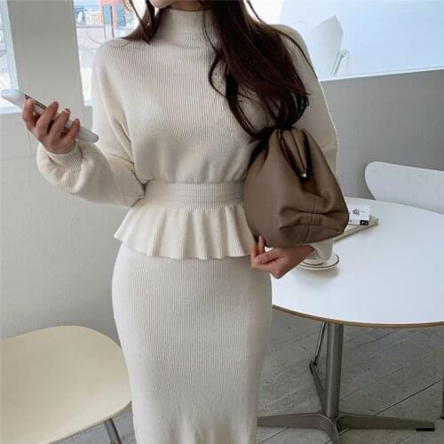 Alien Kitty 2021 Women Casual Loose Two-Pieces Siut Sets Solid Elegant Ruffles Sweater Skirt Fashion Gentle Female Office Lady
