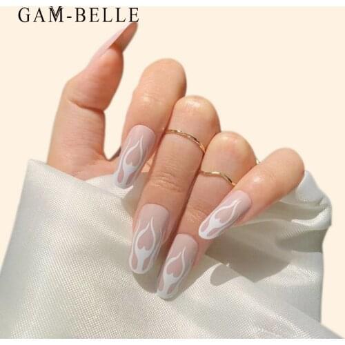 GAM-BELLE White Flame Pattern False Nails French Ellipse Full Cover Fake Nail Tips Press On Nails DIY Manicure Nail Art Tools