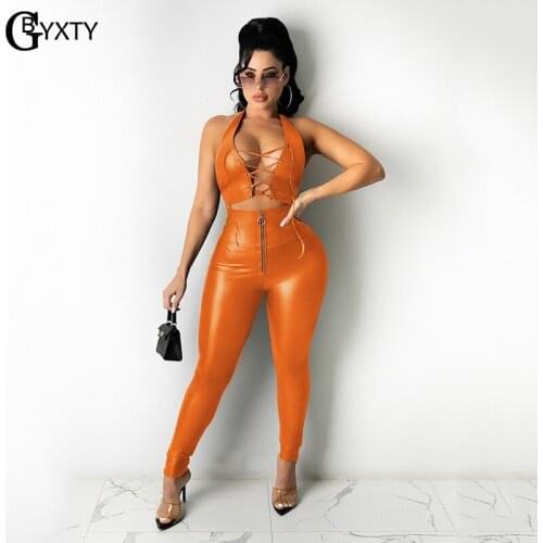 GBYXTY Punk PU Leather Pants Set Women Sexy Backless Halter Lace Up Crop Top and Skinny Pants 2 Piece Club Party Outfits ZL1175